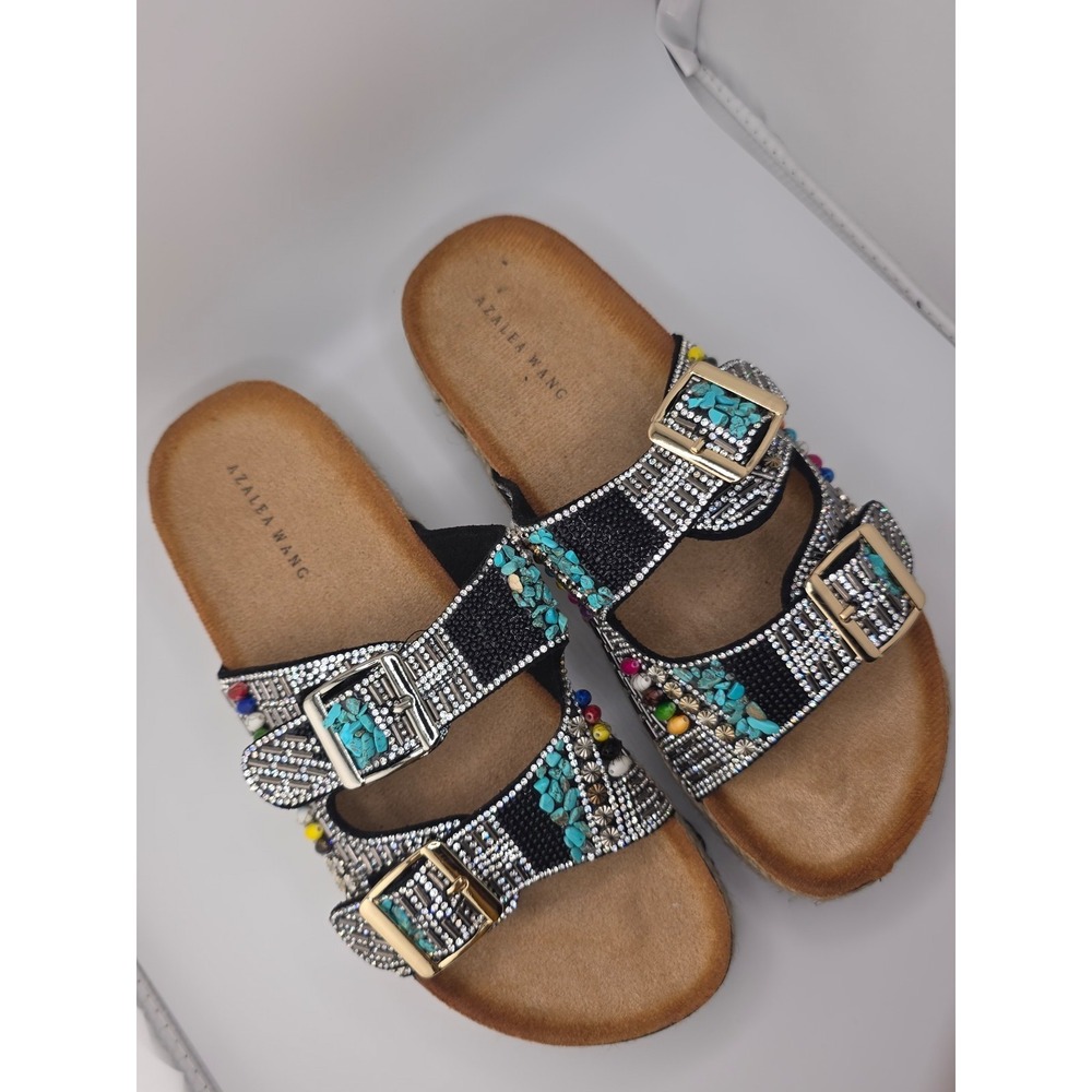 Azalea Wang Platform Sandals Rhinestone Beaded Buckle Slides Women
